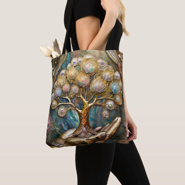 Bolsa Tote Mão de Robô Dourada Segurando a Árvore Dourada da  (Close Up)