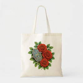 Bolsa Tote Mão Hamsa com Rosas Vermelhas e Olho Mau Arte Flor