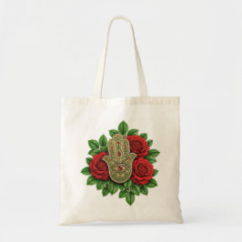 Bolsa Tote Mão Hamsa com Rosas Vermelhas Floral Olho do Mal R