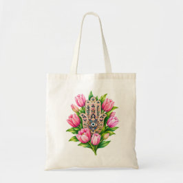 Bolsa Tote Mão Hamsa com Tulipas Rosa & Olho Gordo Arte Flora