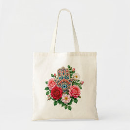 Bolsa Tote Mão Hamsa Floral com Rosas Rosa e Olho do Mal