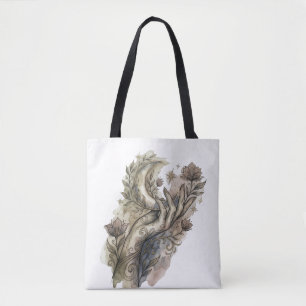 Bolsa Tote Mão Mística e Lua Crescente Boho Aquarela Fl