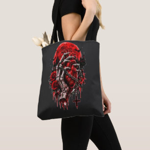 Bolsa Tote Mãos de Esqueleto Gótico Rosas Vermelhas Halloween