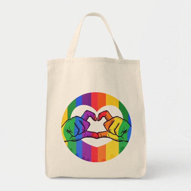 Bolsa Tote Mãos do Coração Arco-Íris LGBTQ Pride (Frente)