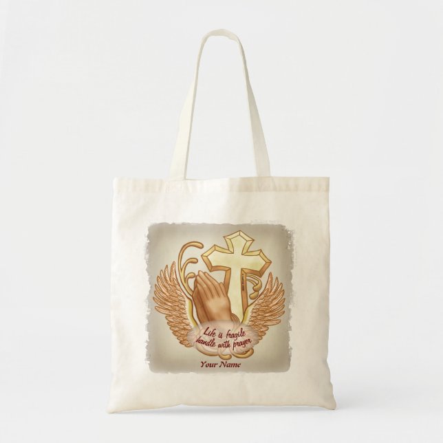 Bolsa Tote Mãos em Oração Sépia Cristã (Frente)