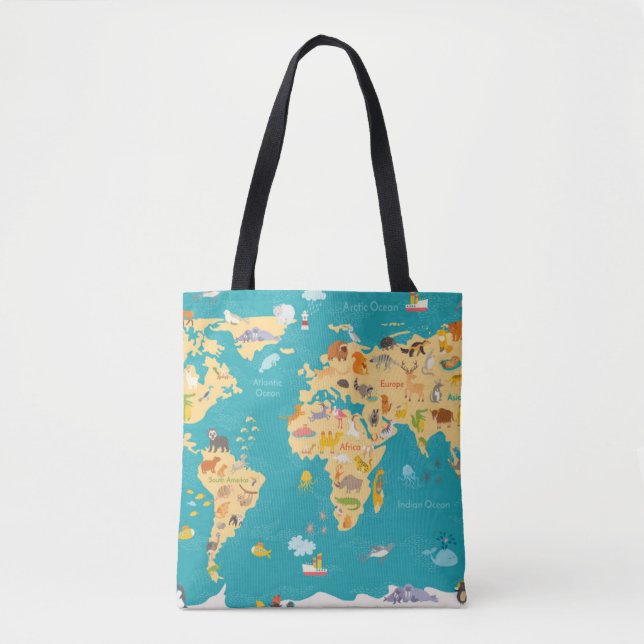 Bolsa Tote Mapa animal do mundo para miúdos (Frente)