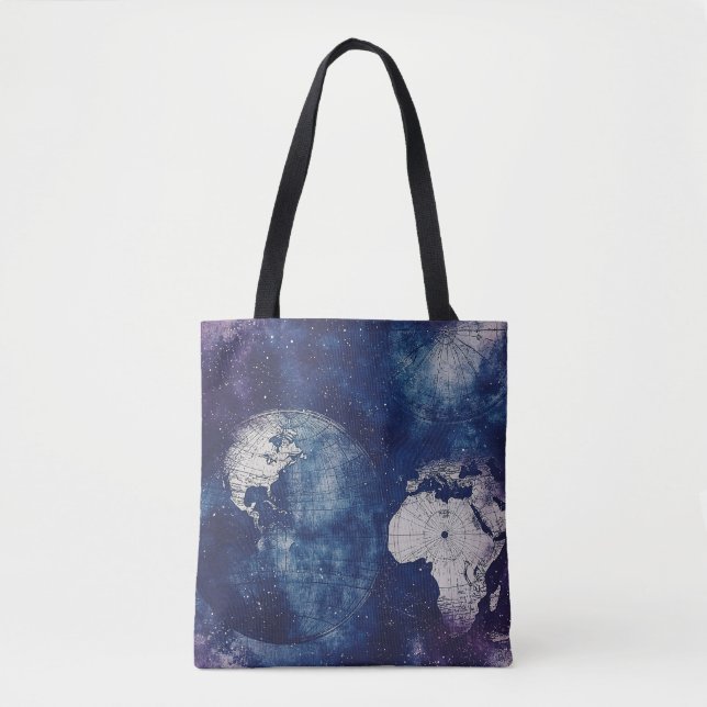 Bolsa Tote Mapa Celestial Antigo Roxo Cósmico do Mundo (Frente)