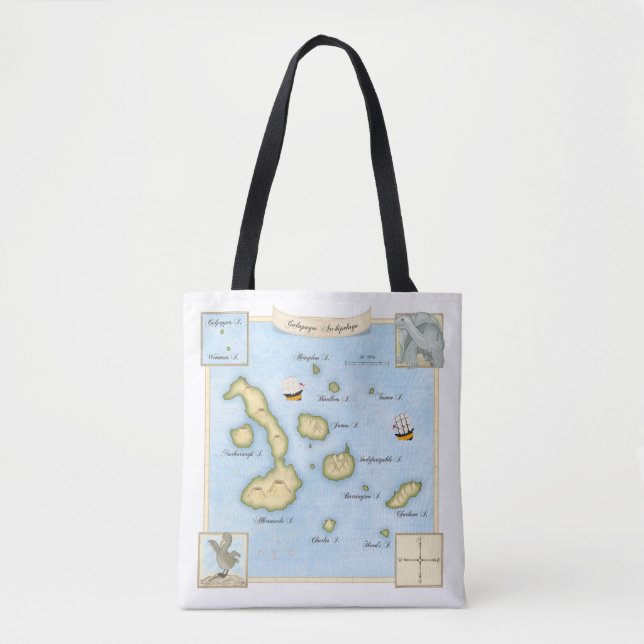 Bolsa Tote Mapa das Ilhas Galápagos ornamentados com navios à (Frente)