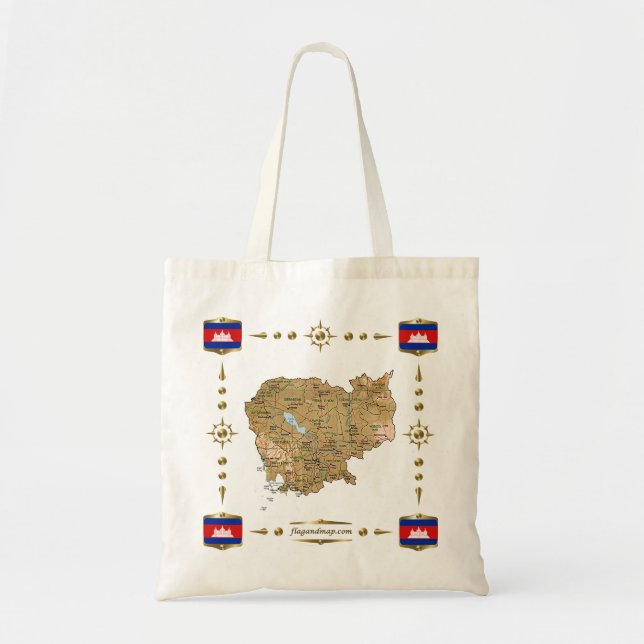 Bolsa Tote Mapa de Cambodia + Saco das bandeiras (Frente)