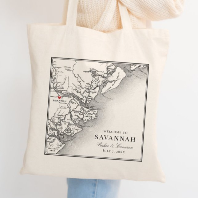 Bolsa Tote Mapa de Casamento Elegante Preto Branco Savannah G (Elegant Savannah Georgia Custom Wedding Tote Bag with personalized black and white map)