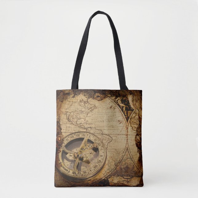 Bolsa Tote Mapa de Estilos Antigos com Compass Grande (Frente)
