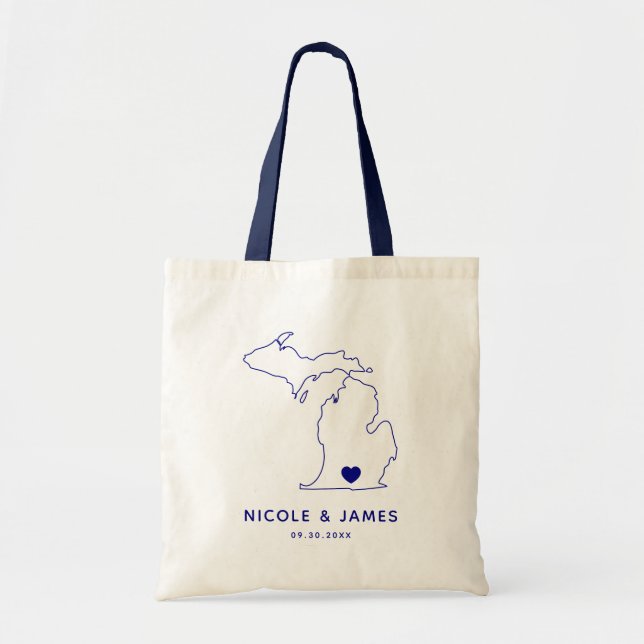 Bolsa Tote Mapa de Michigan Bote de Boas-vindas Bolsa, Marinh (Frente)