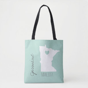 Bolsa Tote Mapa de Minnesota com nome personalizado cardíaco