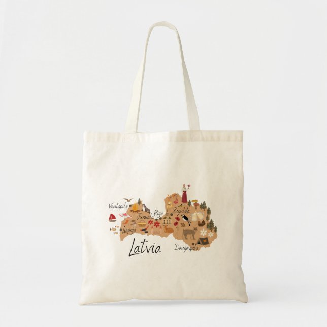 Bolsa Tote Mapa de viagem da Letônia (Impressão de um lado) (Frente)