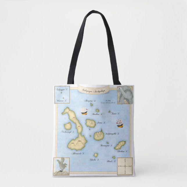 Bolsa Tote Mapa do Arquipélago de Galápagos Ornamentado com N (Frente)