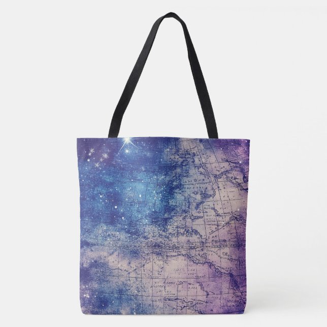Bolsa Tote Mapa do Mundo Celestial Roxo (14) (Frente)