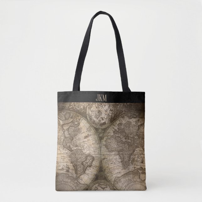 Bolsa Tote Mapa do mundo do vintage com iniciais do monograma (Frente)