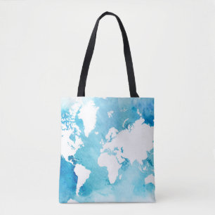 Bolsa Tote Mapa do mundo em azuis da aguarela
