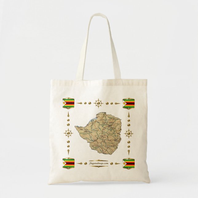 Bolsa Tote Mapa do Zimbábue + Bandeiras (Frente)