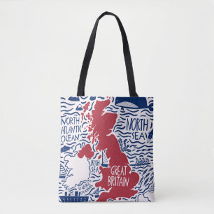 Bolsa Tote mapa estilizado do Reino Unido desenhado à mão.