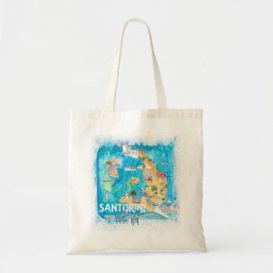Bolsa Tote Mapa Ilustrado da Grécia Santorini com Estradas Pr