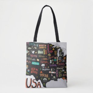 Bolsa Tote Mapa ilustrado dos EUA. Poster com estados e