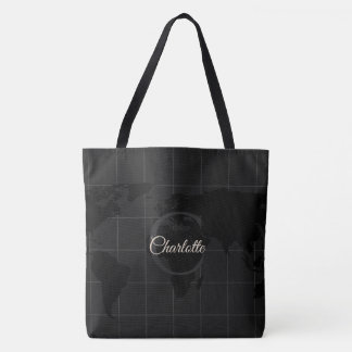 Bolsa Tote Mapa Mundi Preto e Branco Personalizado com Monogr