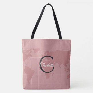 Bolsa Tote Mapa-Múndi Rosa Personalizado Monograma Luxo