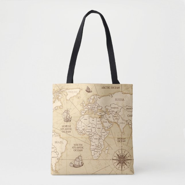 Bolsa Tote Mapa mundial antigo com fronteiras de países (Frente)