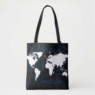 Bolsa Tote mapa mundial e padrão de nomes em preto