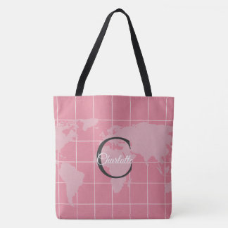 Bolsa Tote Mapa Mundial Personalizado com Monograma em Rosa M