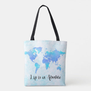 Bolsa Tote Mapa Mundial Roxo e Azul A vida é uma Aventura
