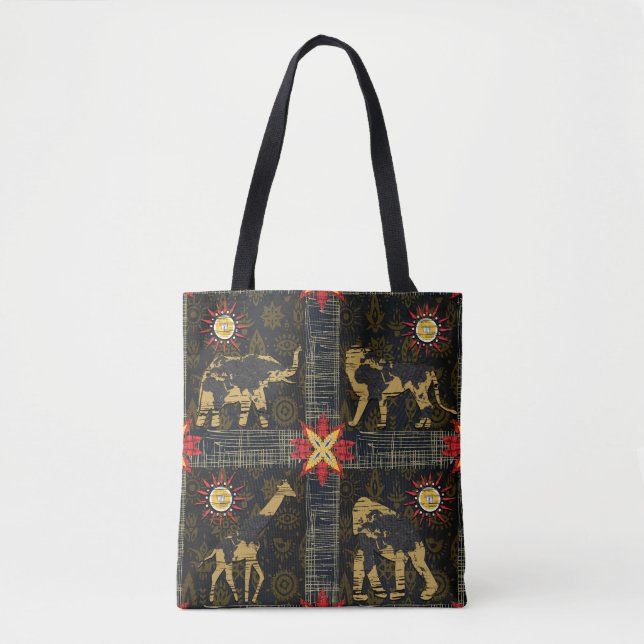 Bolsa Tote Mapa Mundial Safari Azul Dourado Vermelho Animais  (Frente)