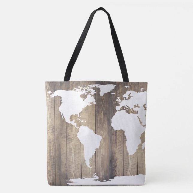 Bolsa Tote Mapa Rustic Wood White World Traveler (Frente)