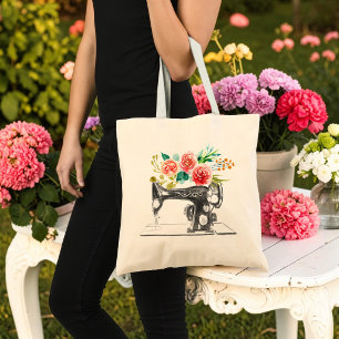 Bolsa Tote Máquina de Costura Preta de Quilting Alfaiate Flor