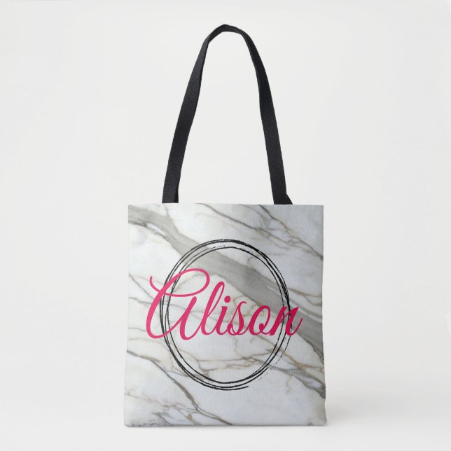 Bolsa Tote Marble branco de tendência e fúcsia adiciona quadr (Frente)
