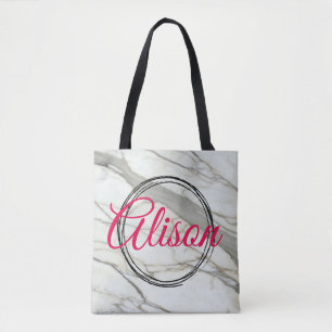 Bolsa Tote Marble branco de tendências e nome personalizado 