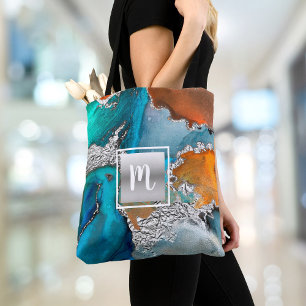 Bolsa Tote Marble watercolor monograma turquesa laranja prate