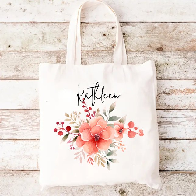 Bolsa Tote Marca Floral de Aquarela Personalizada, Presente p (bridesmaid gift bag, bridal shower tote, bride proposal gift, custom name tote bag, birthday present)