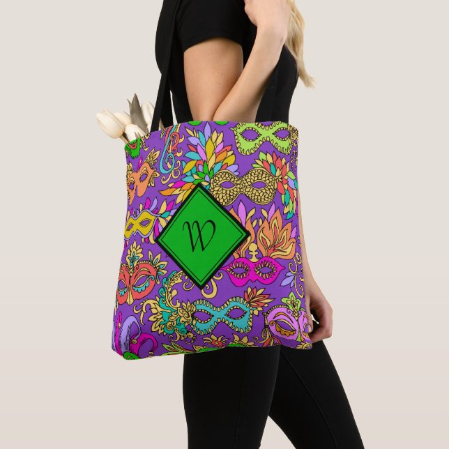 Bolsa Tote Mardi Gras Bright Mascarada Mask Monogramed (Close Up)