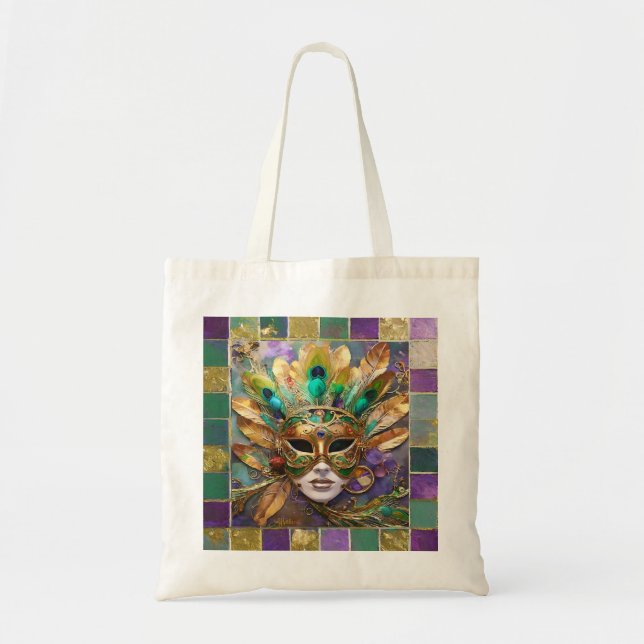 Bolsa Tote Mardi Gras Dourada e Máscara de Pavão Verde (Frente)