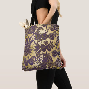 Bolsa Tote Mardi Gras Dourado e Roxo Máscaras