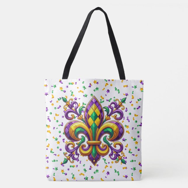 Bolsa Tote Mardi Gras fleur de lis, verde-púrpura (Frente)
