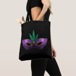 Bolsa Tote Mardi Gras Mask Purple Green Sparkles | Preto
