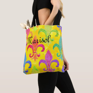 Bolsa Tote Mardi Gras Rainbow Fleur de lis Monograma Yellow