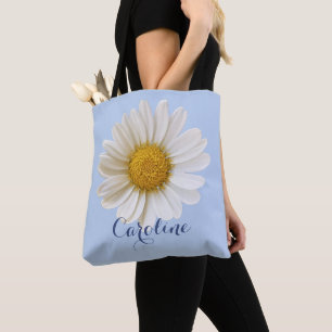 Bolsa Tote Margarida Branca com Nome Personalizado Azul Claro