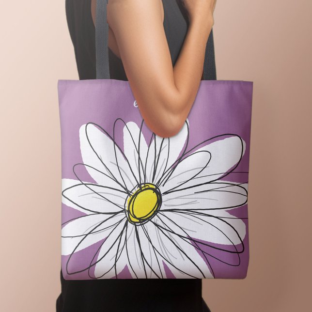 Bolsa Tote Margarida Whimsical - orquídea - nome do script de (Personalized tote bag with daisy and text)