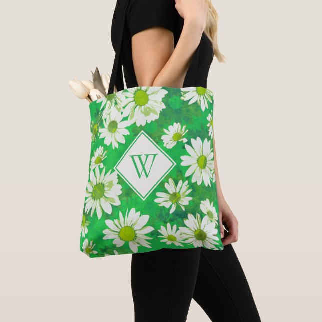 Bolsa Tote Margaridas brancas no teste padrão floral verde (Close Up)