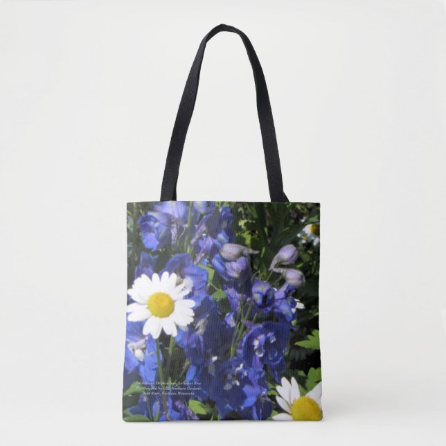 Bolsa Tote Margaridas e Delphiniums. Azul de Larkspur (Frente)