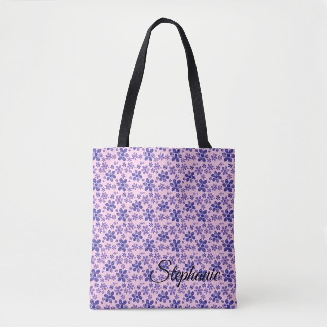 Bolsa Tote Margaridas Tons de Roxo com Fundo Rosa (Frente)